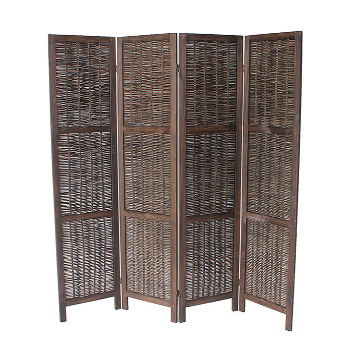 DARK BROWN 4-Panel Rustic Woven Style Room Divider