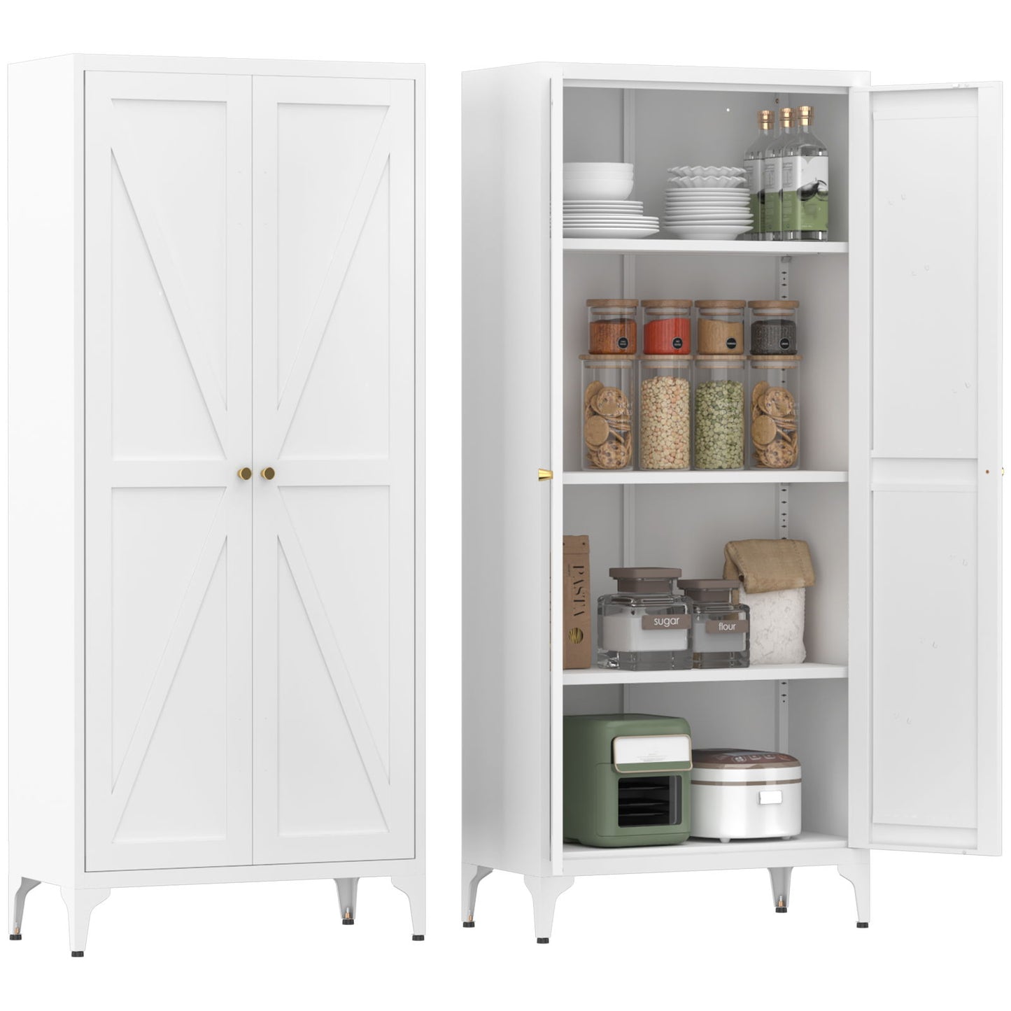 2 Door Storage Cabinet, 4 Adjustable Shelves For Kitchen - White
