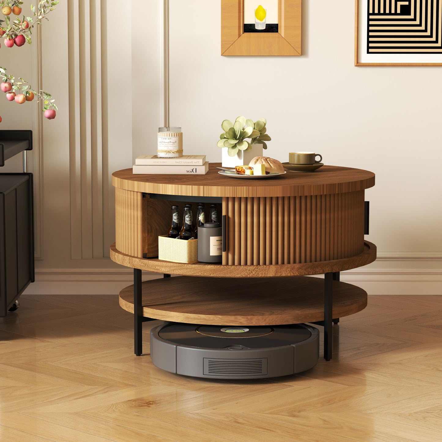 Flip-Top Round Coffee Table With Storage - Brown