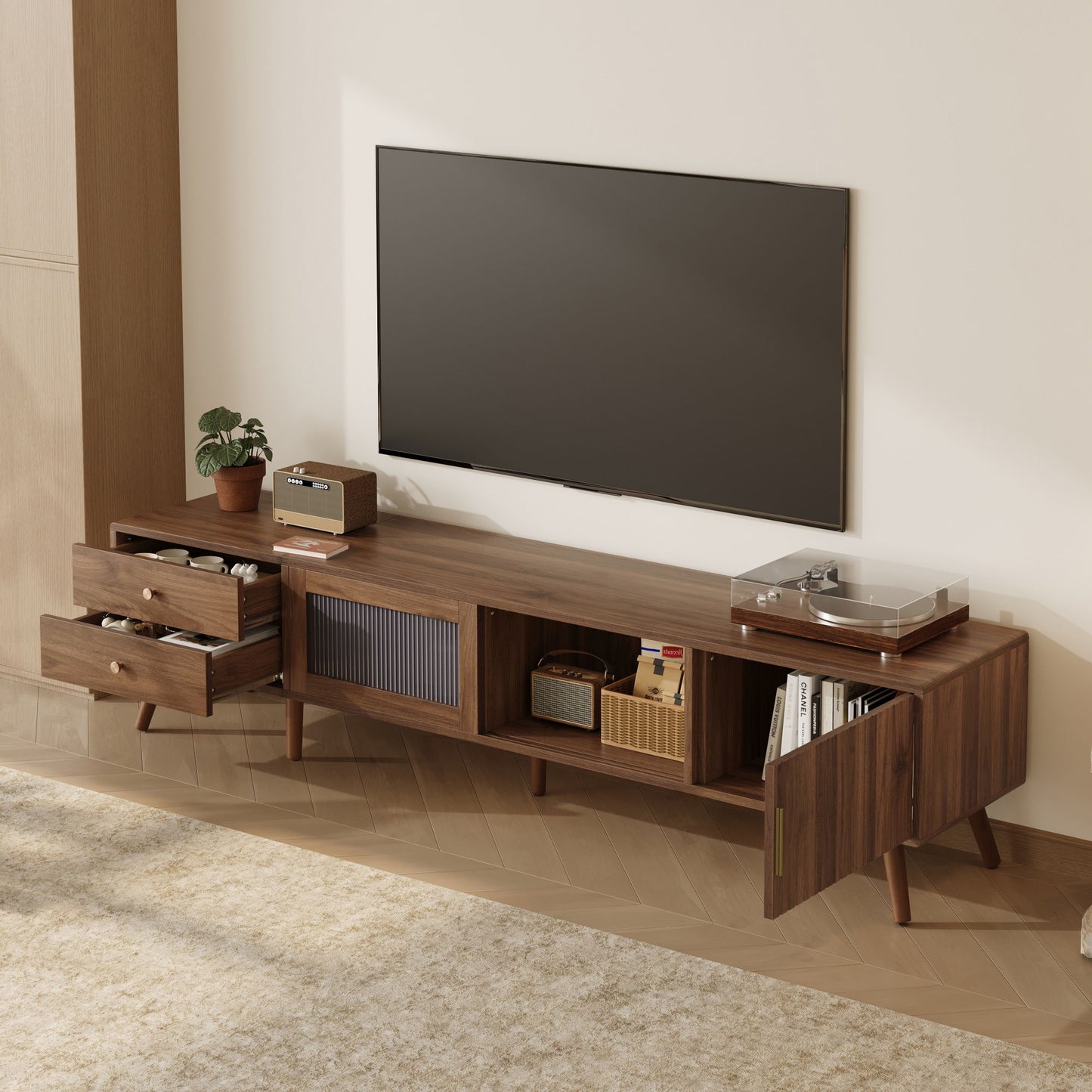 76" TV Stand, Entertainment Center With Storage Cabinets, TV Media Console Table For Living Room - Natural