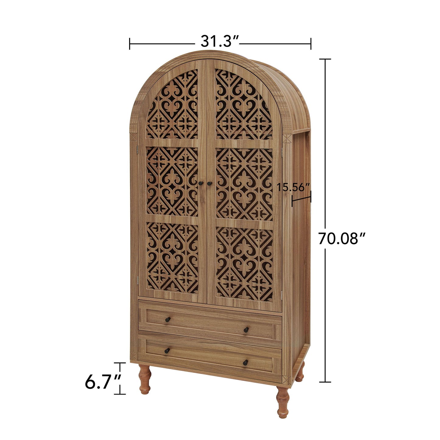 Tall Kitchen Pantry Cabinet With Hollow Carved Doors 2 Drawers And Adjustable Shelves Storage Display Cabinet For Kitchen Dining Room Or Living Room - Walnut