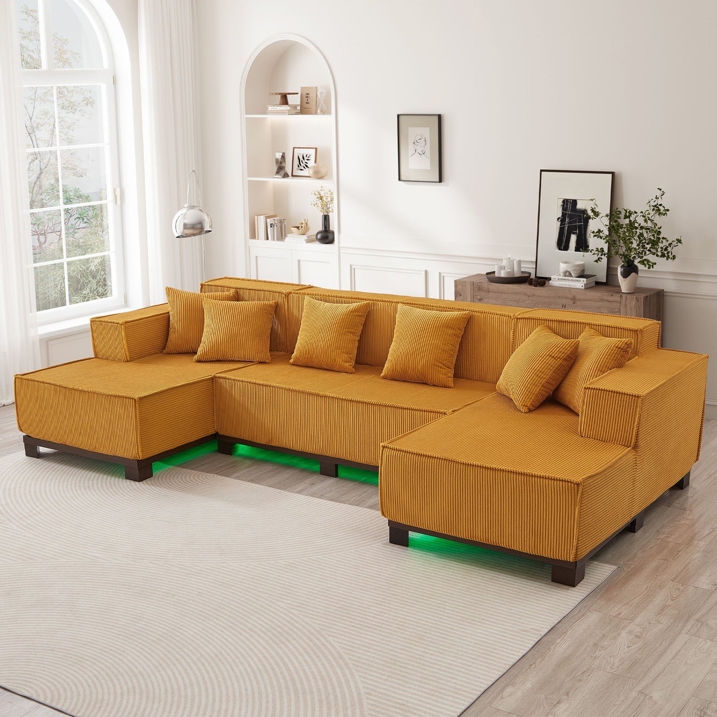 U-Shaped Sectional Sofa With RGB LED Light Strip And 6 Pillows
