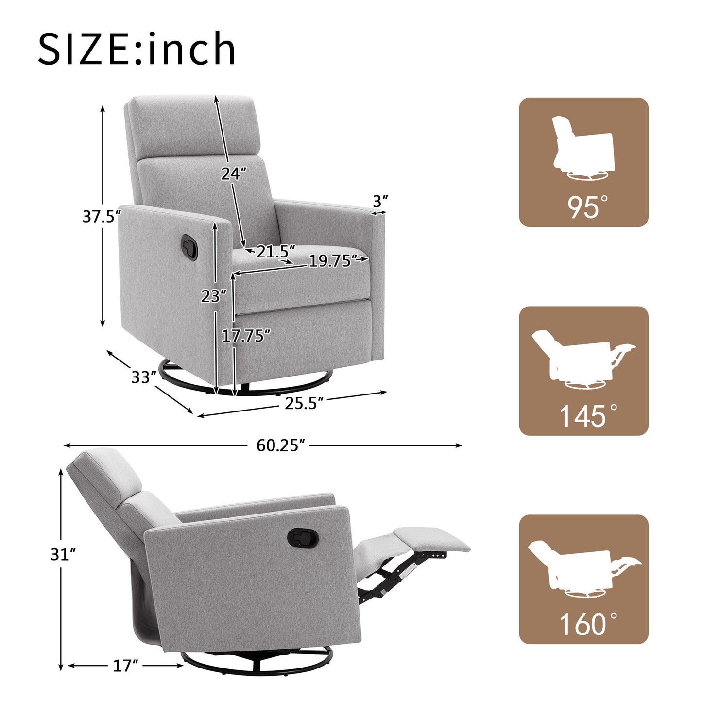 Modern Upholstered Rocker Nursery Chair Seating Glider Swivel Recliner Chair