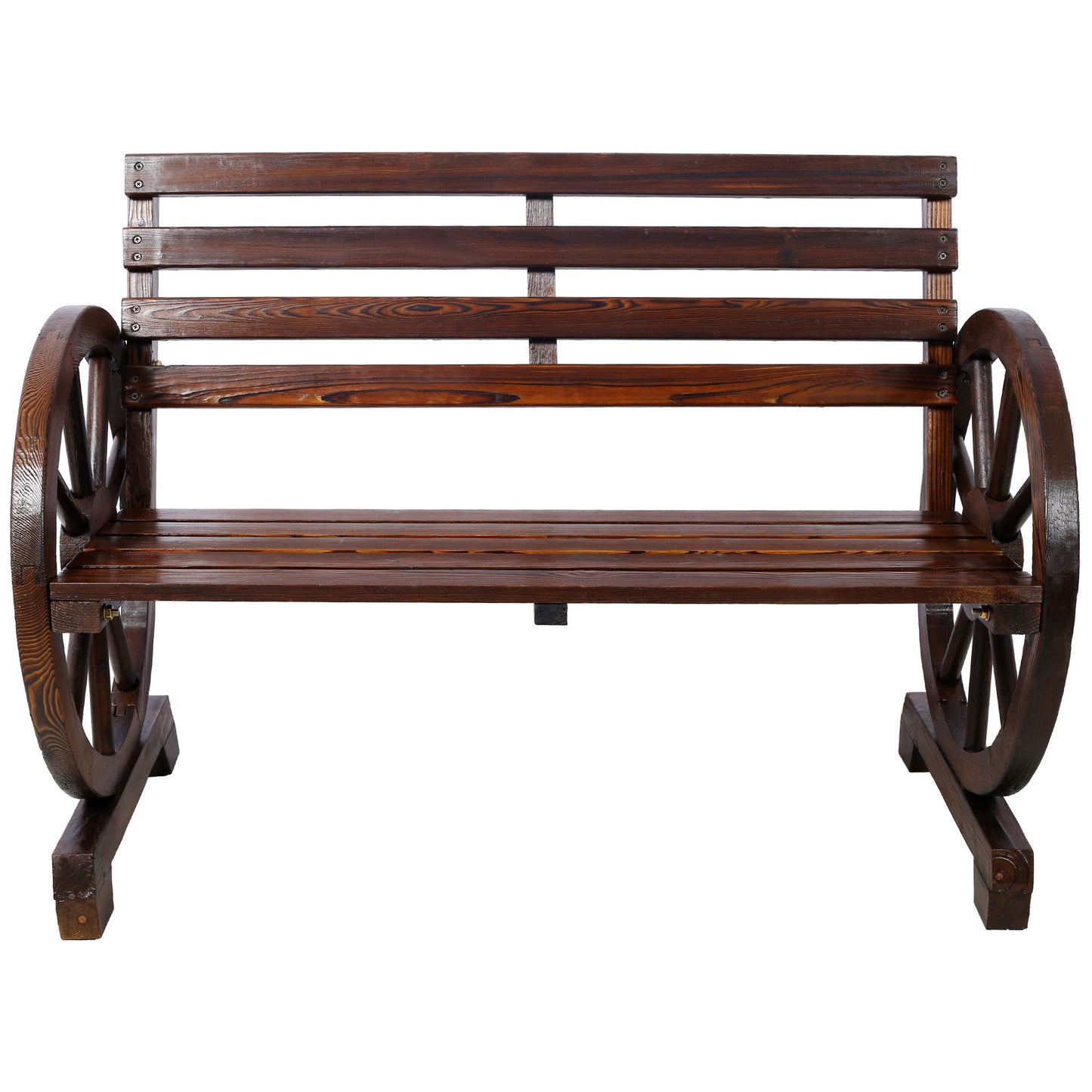Rustic Country 2 Person Wooden Wagon Wheel Bench With Slatted Seat And Backrest - Brown