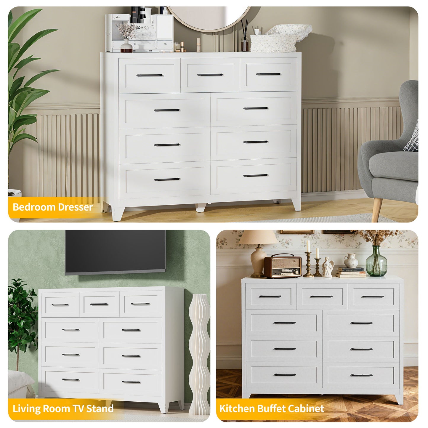 9-Drawer Tall Dresser With Smooth Gliding Drawers - White