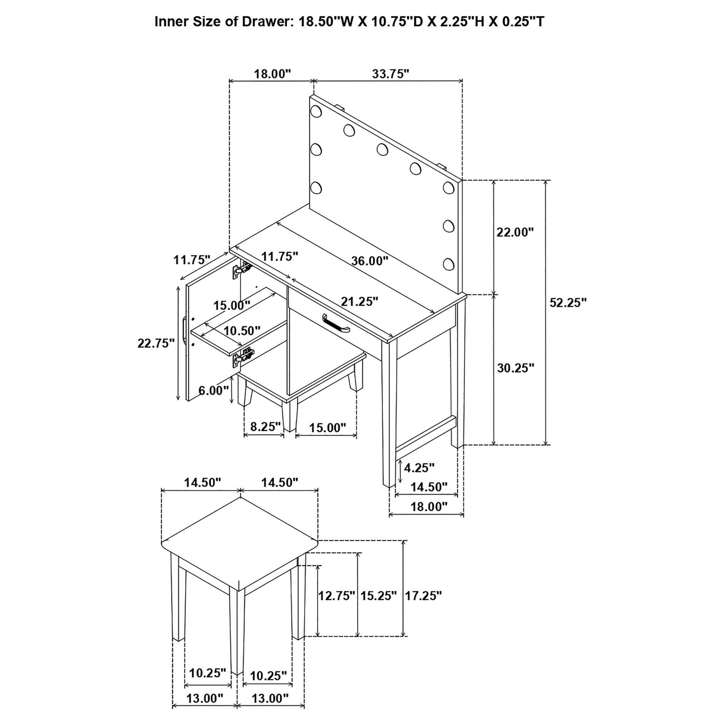 Elijah - Vanity Set With Lighting And Stool - White