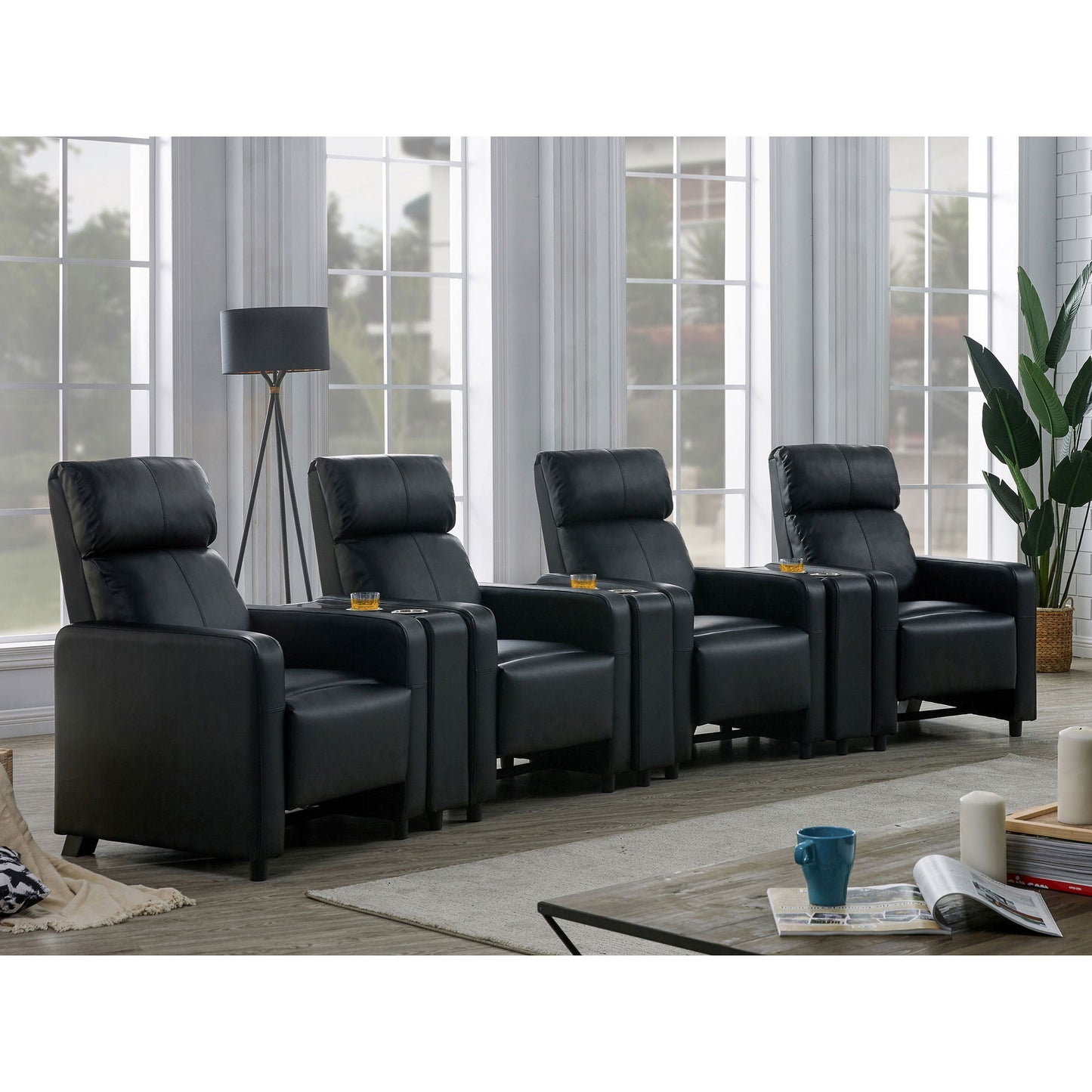 Warren - 4 Seater Home Theater With 3 Wedge Consoles - Black