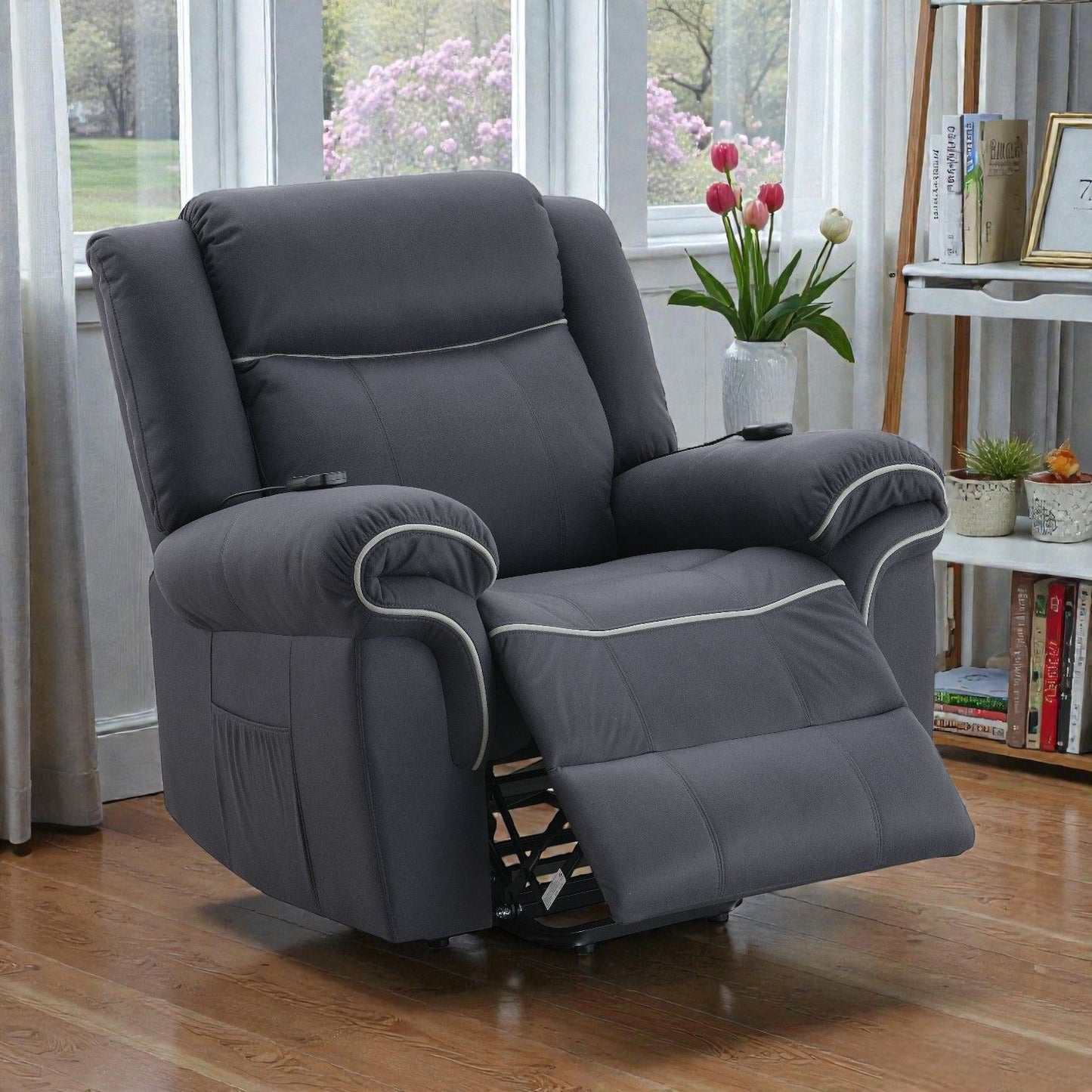 Domana - Polished Microfiber Power Nirion Recliner With Lift Heating Massage Chair - Dark Blue