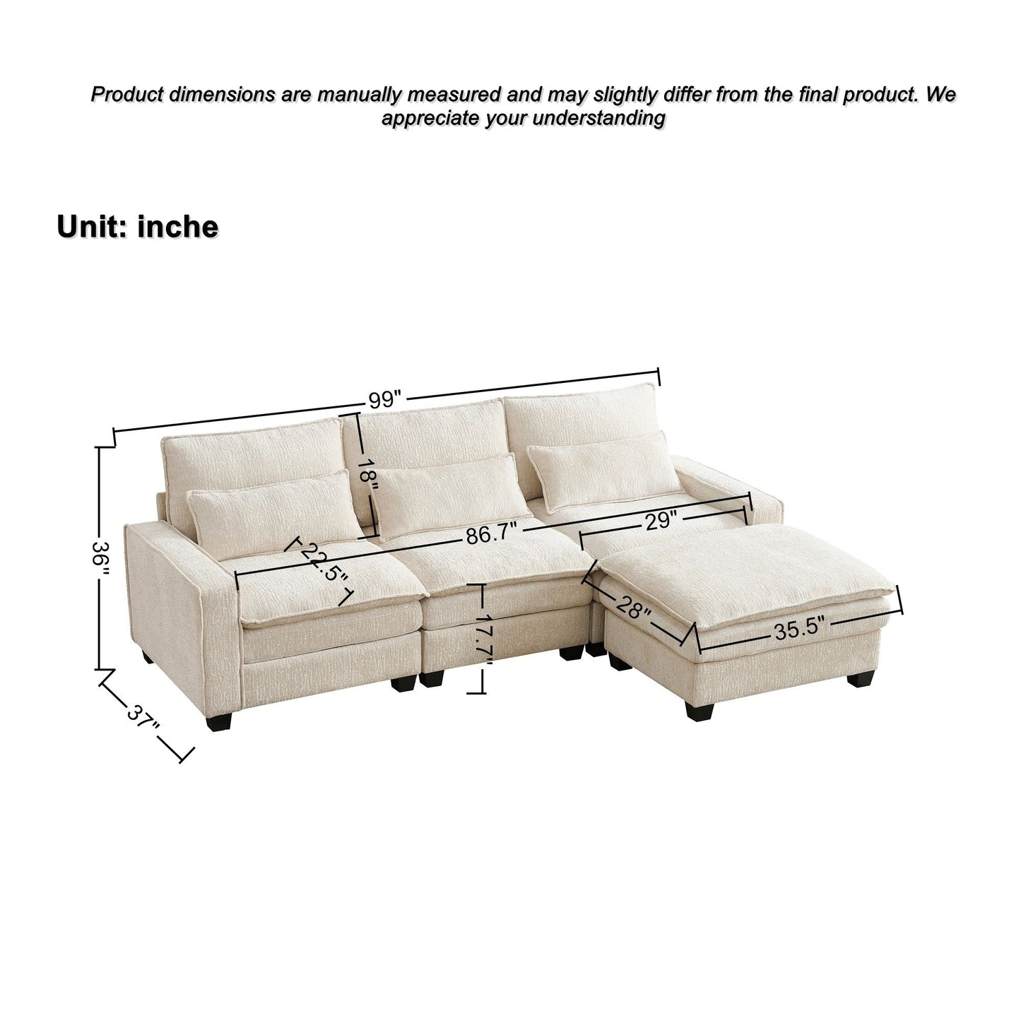Modern Comfy L Shaped Sectional Sofa With Movable Ottoman