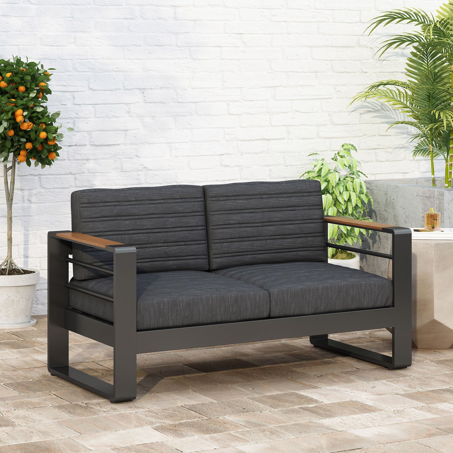Loveseat With Slat Paneling And Aluminum Frame - Black
