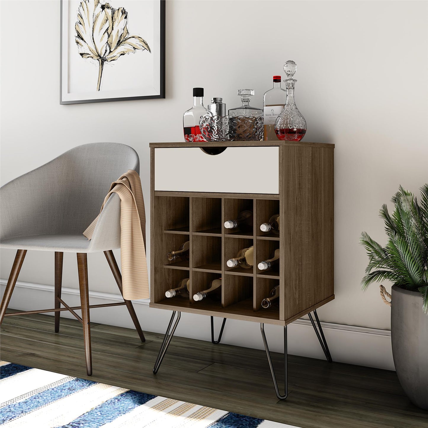 Beverage Storage Stand With 12 Bottle Cubbies And Drawer - Brown Oak