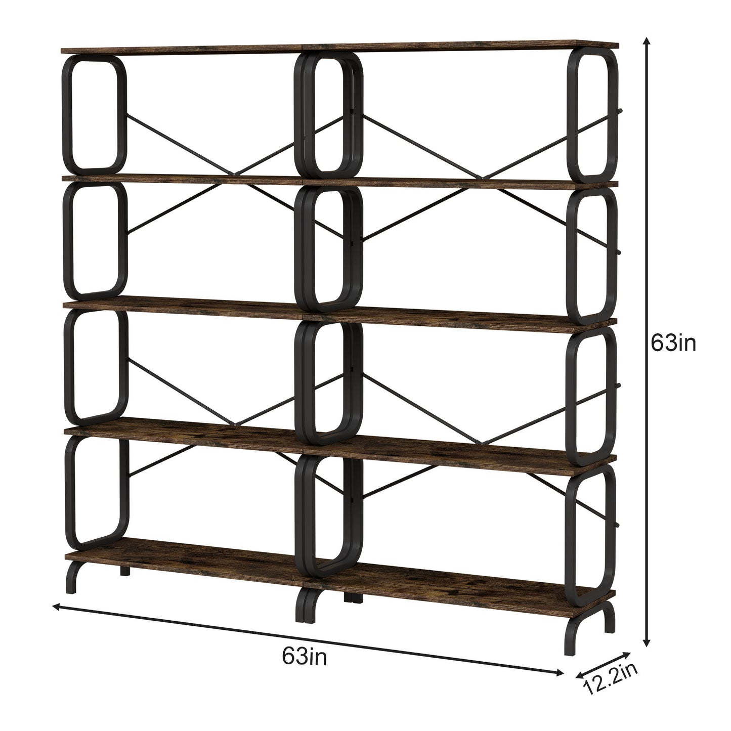 5 Tier Industrial Bookshelf, Tall Bookcase With Open Design, Vintage Storage Organizer