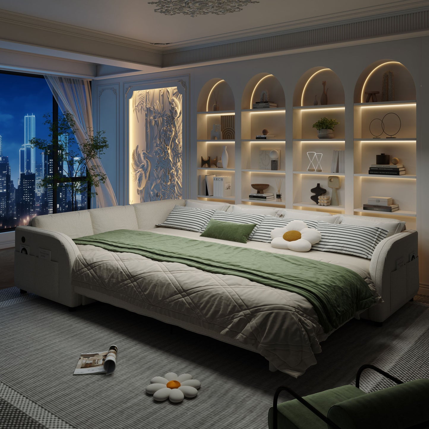 L-Shaped Couch With Pull-Out Bed, Convertible Sleeper Sofa With Side Pocket & USB Port