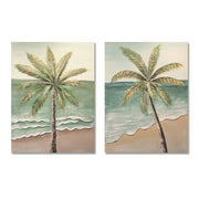 Palm Tree Wall Art, Beach Canvas Painting With Accents, Hand Painted Textured Tropical Decor (Set of 2) - Aqua Blue
