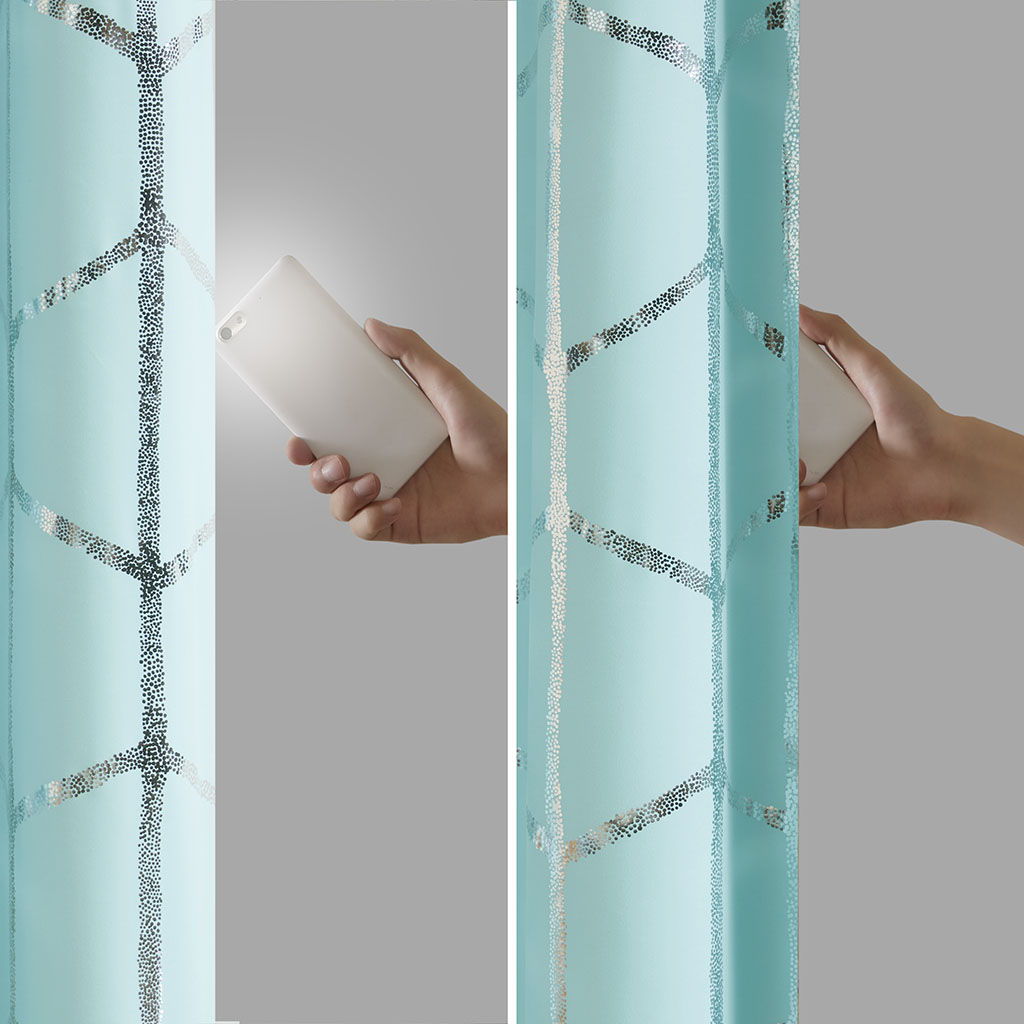 Raina - 63" Total Blackout Metallic Print Grommet Top Curtain Panel - Aqua / Silver