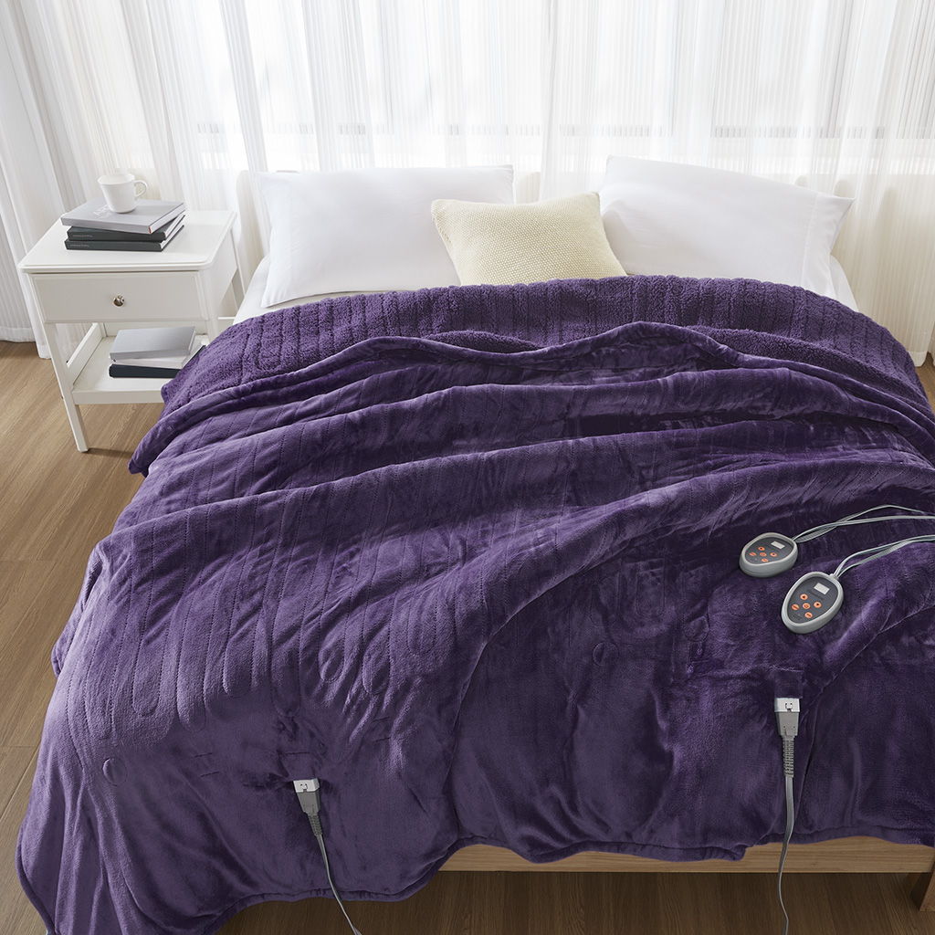 Heated Microlight to Berber - Queen Blanket - Purple