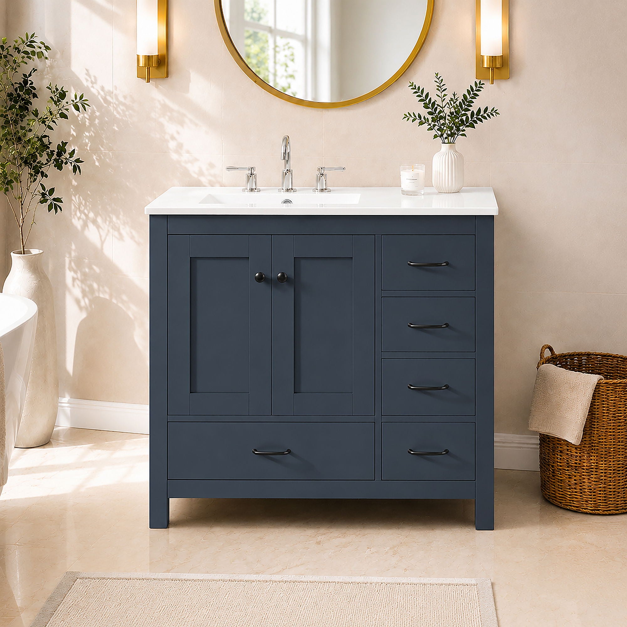 Bathroom Vanity With Sink Combo, 2 Soft Close Doors And 5 Drawers