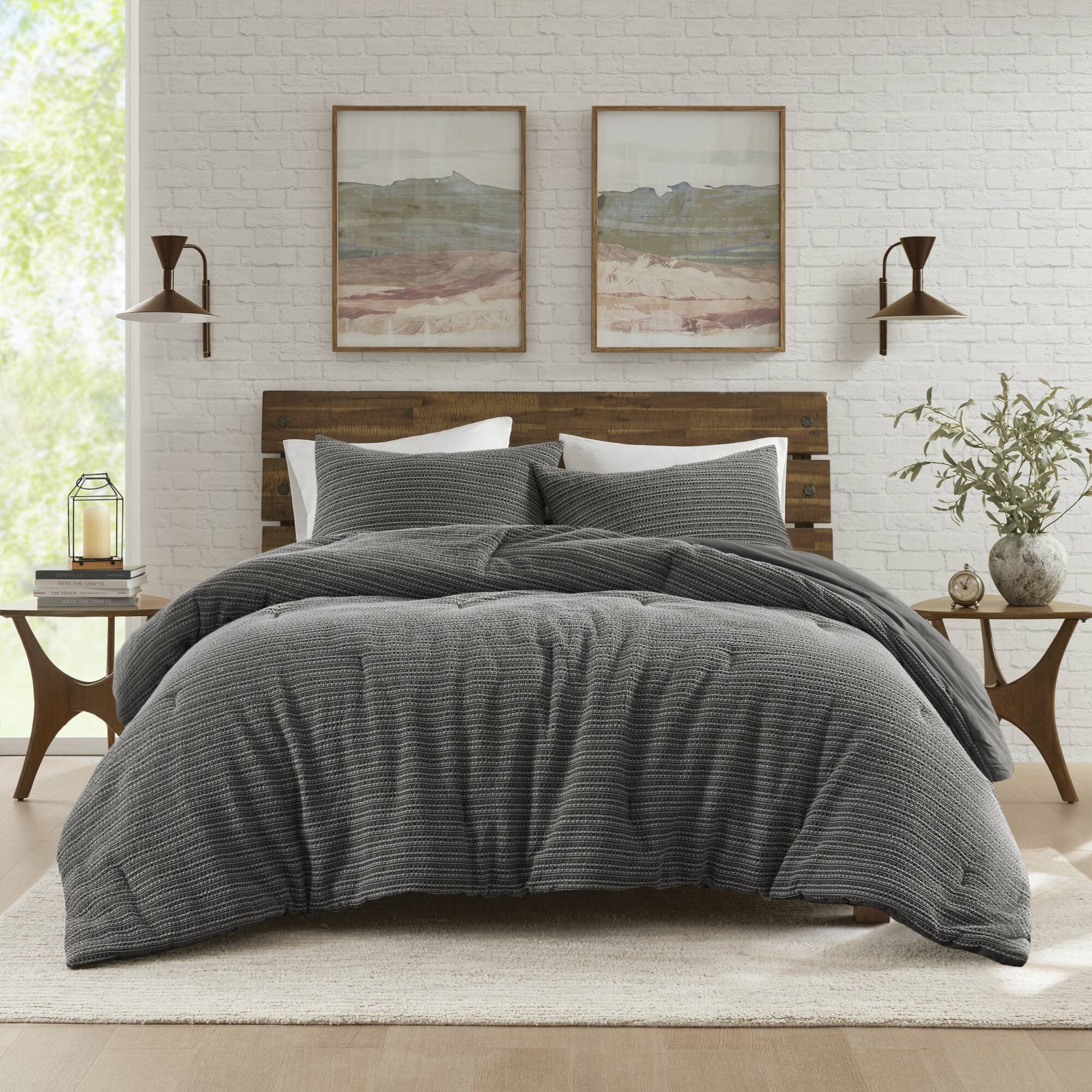 Lyon - 3 Piece Full/Queen Waffle Washed Comforter Set - Charcoal