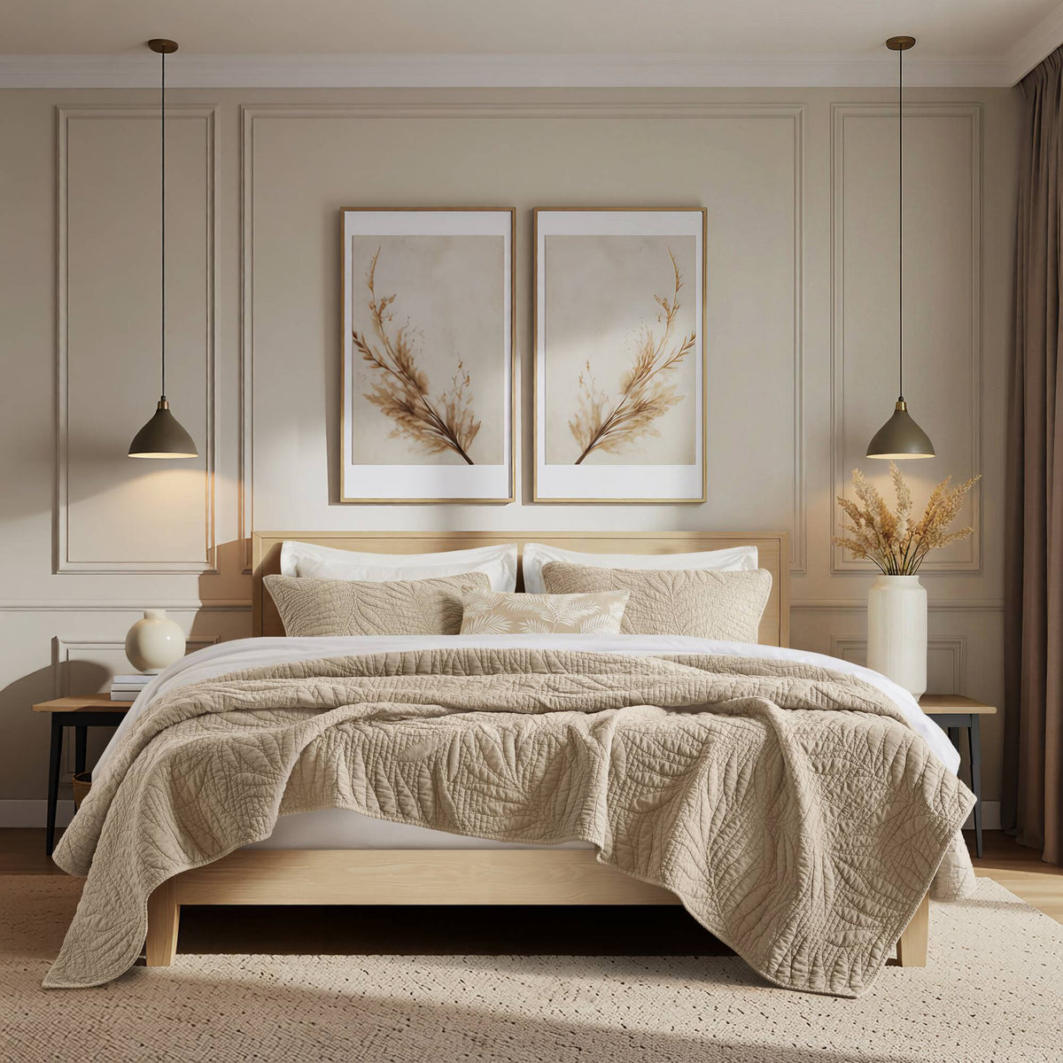 Botanical Leaves - 3 Piece King Quilt Set - Linen