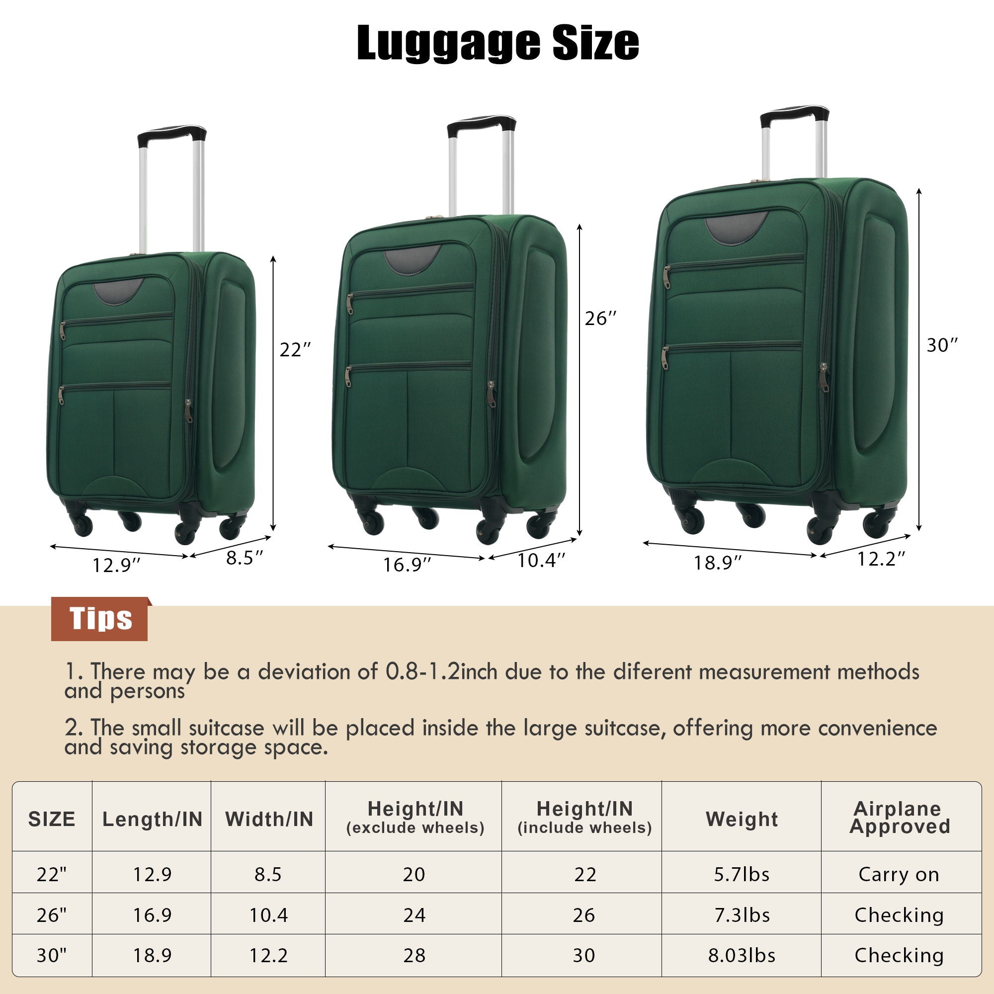 Softside Luggage Expandable 3 Piece Set Upright Spinner Lightweight Suitcase