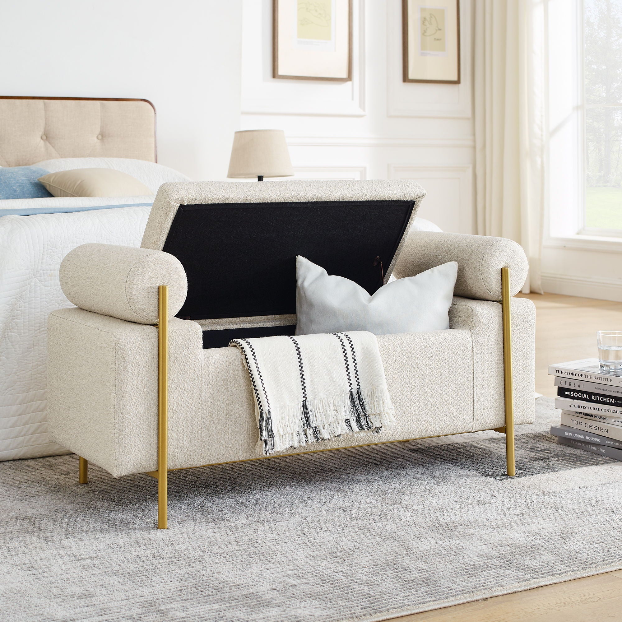 Elegant Upholstered Storage Bench With Cylindrical Arms And Iron Legs,