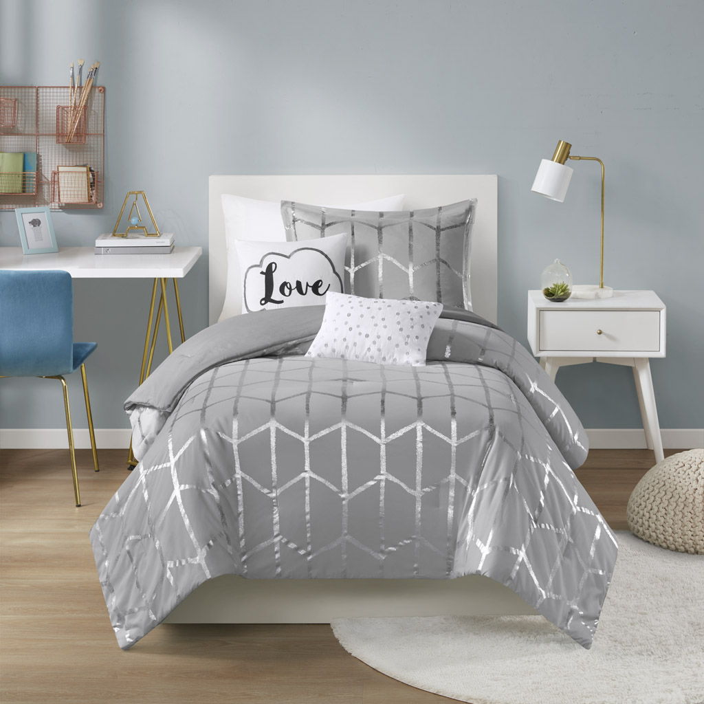 Raina - Twin Metallic Printed Comforter Set - Gray / Silver