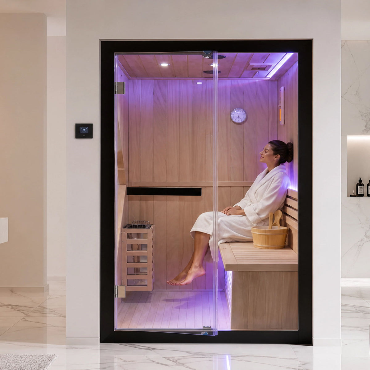 Double Indoor Stove Sauna Room With LED Lighting - Almond