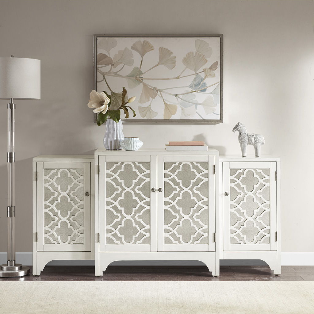 Verona - Dining Buffet Server Quaterfoil Design Kitchen Storage Cabinet With Mirrored Doors - Cream