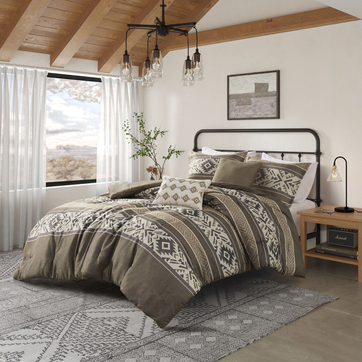 Mariposa - 5 Piece Full/Queen Stripe Herringbone Comforter Set With Throw Pillows - Brown