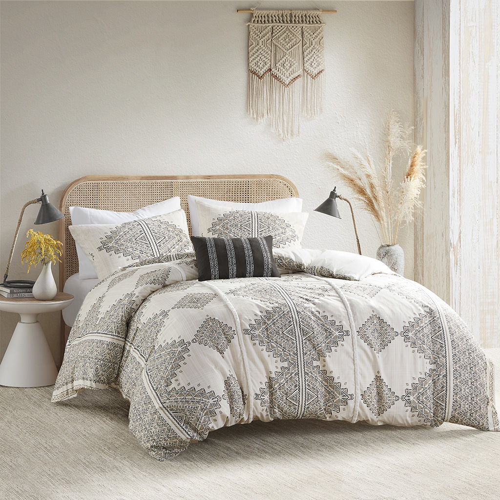 Ibiza - 4 Piece Printed Duvet Cover Set With Throw Pillow - Black / Ivory