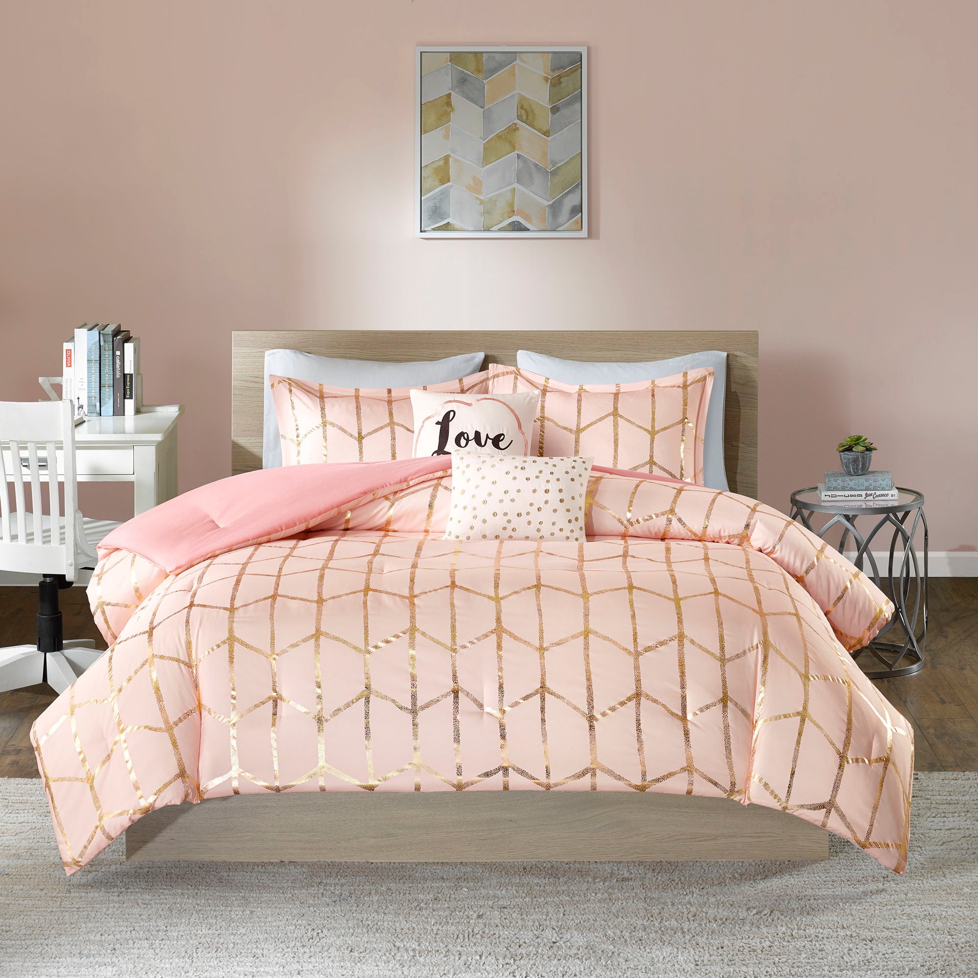 Raina - Queen Brushed Microfiber Printed Comforter Set - Blush / Gold