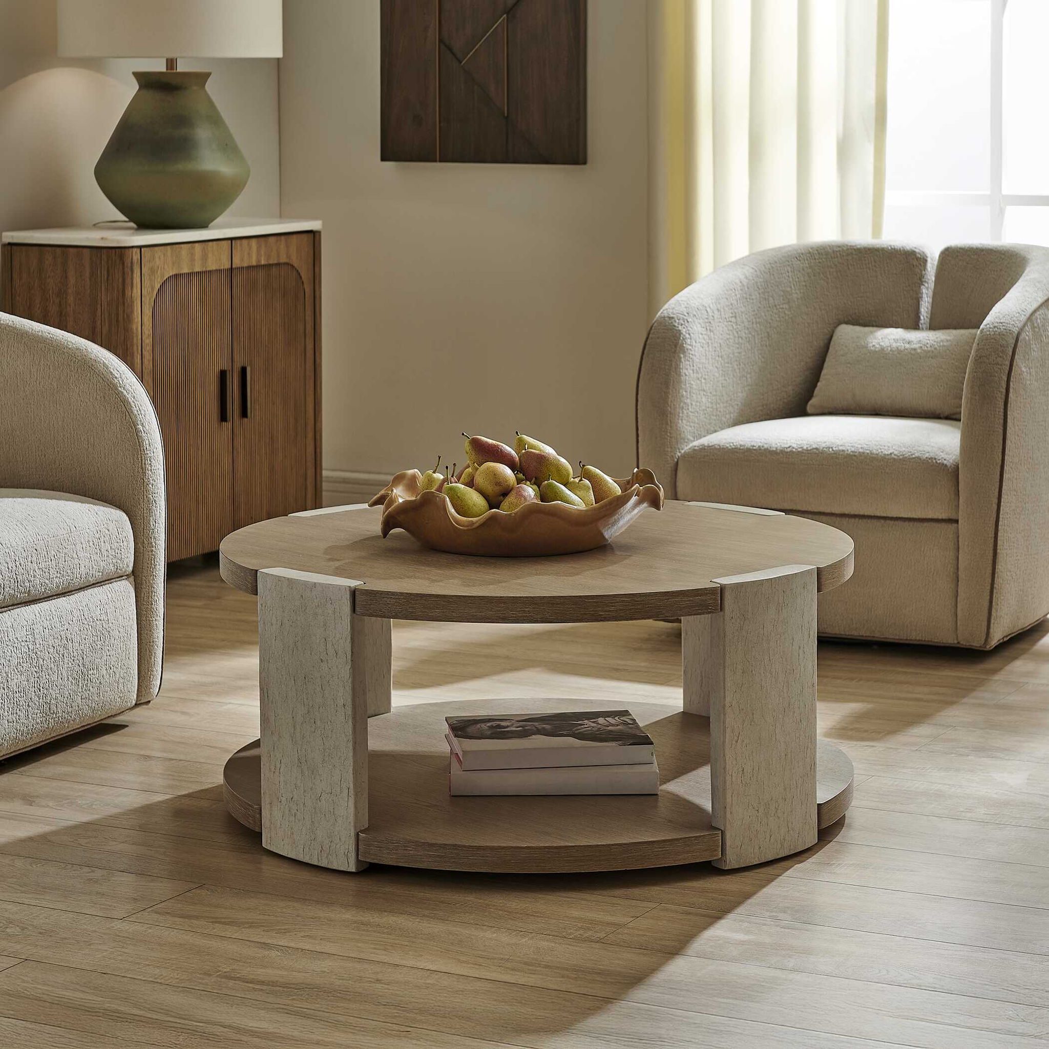 Maulet - Round Coffee Table - Off-White / Oak