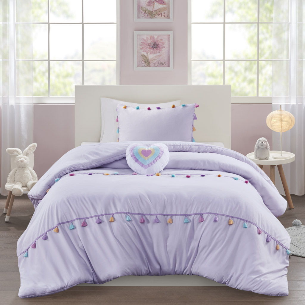 Tessa - 3 Piece Twin Tassel Comforter Set With Heart Shaped Throw Pillow - Lavender