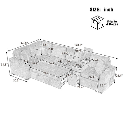 Modular L-Shaped Sectional Sofa Bed With Pull-Out Sleeper, Cup Holders, And Storage