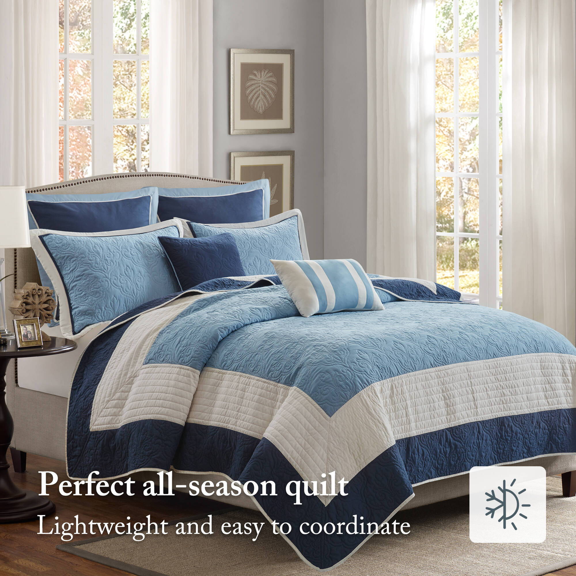 Attingham - King/California King 7 Piece Quilt Set With Euro Shams And Throw Pillows - Navy