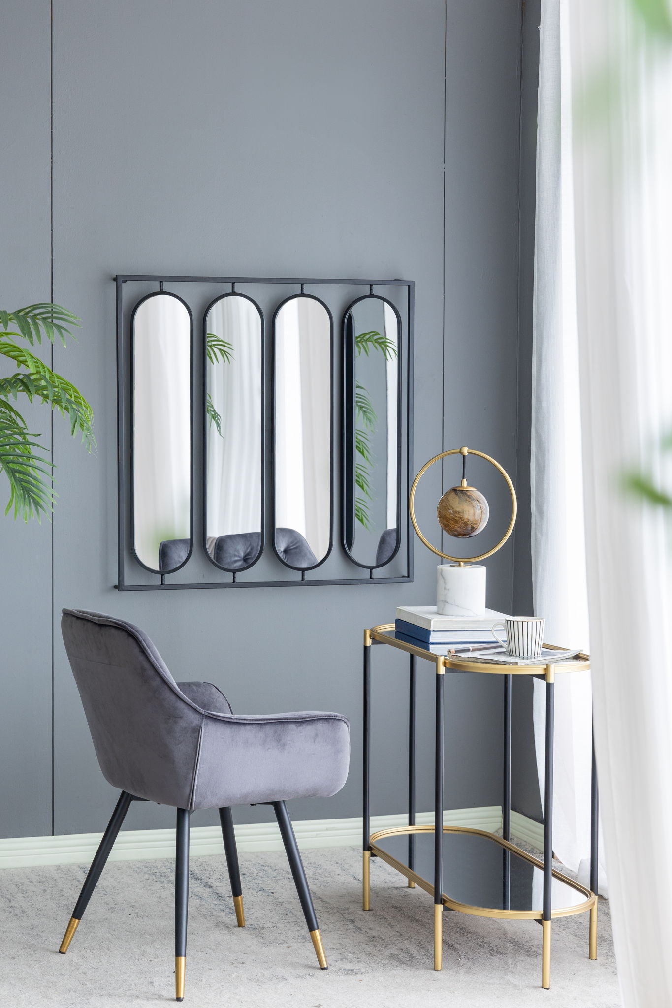 Large 4 Oval Wall Mirror With Square Frame, Home Decor For Living Room, Bedroom, Entryway, Office - Black