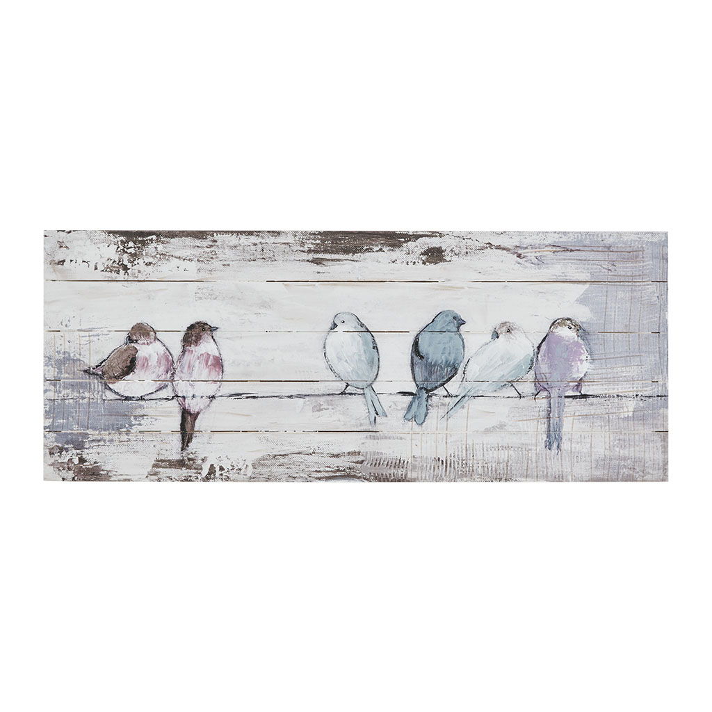 Perched Birds - Hand Painted Plank - White / Gray