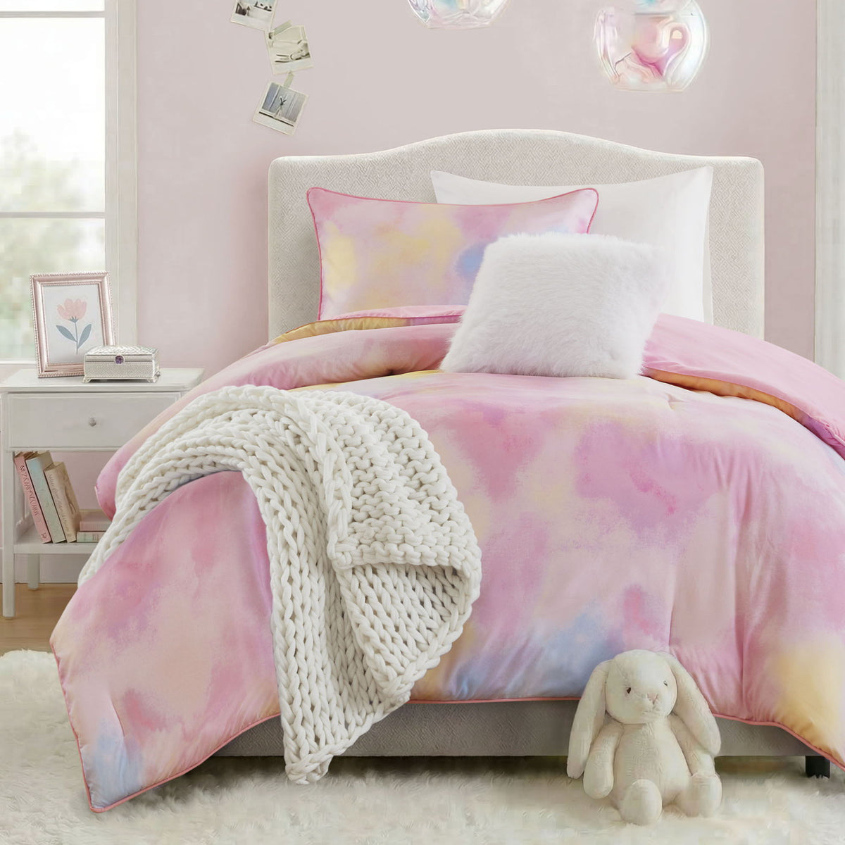 Cassiopeia - Twin/Twin XL Watercolor Tie Dye Printed Comforter Set With Throw Pillow - Pink