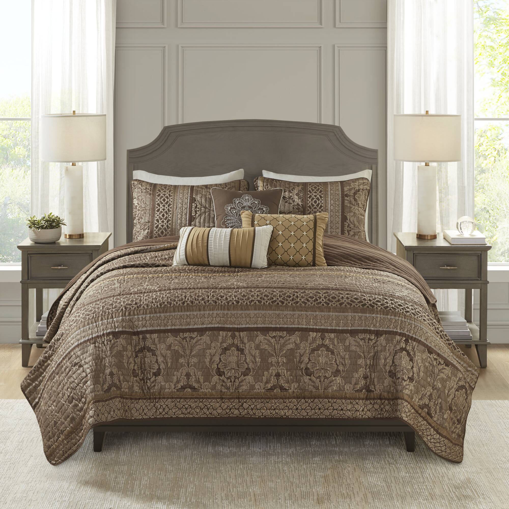 Bellagio - King 6 Piece Reversible Coverlet Set - Brown / Gold