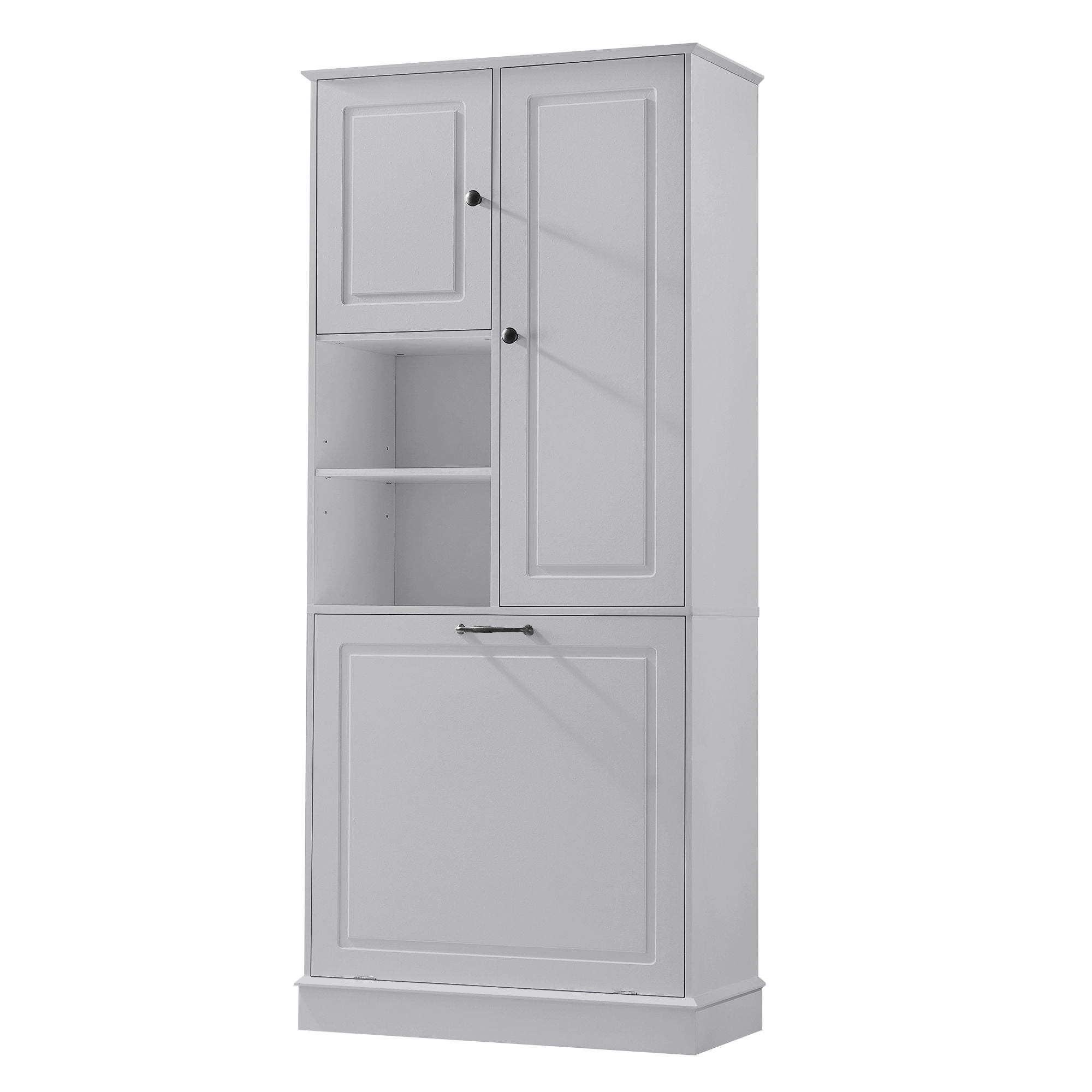 Modern Tall Storage Cabinet With Adjustable Shelves, Flip-Out Basket & Enclosed Doors