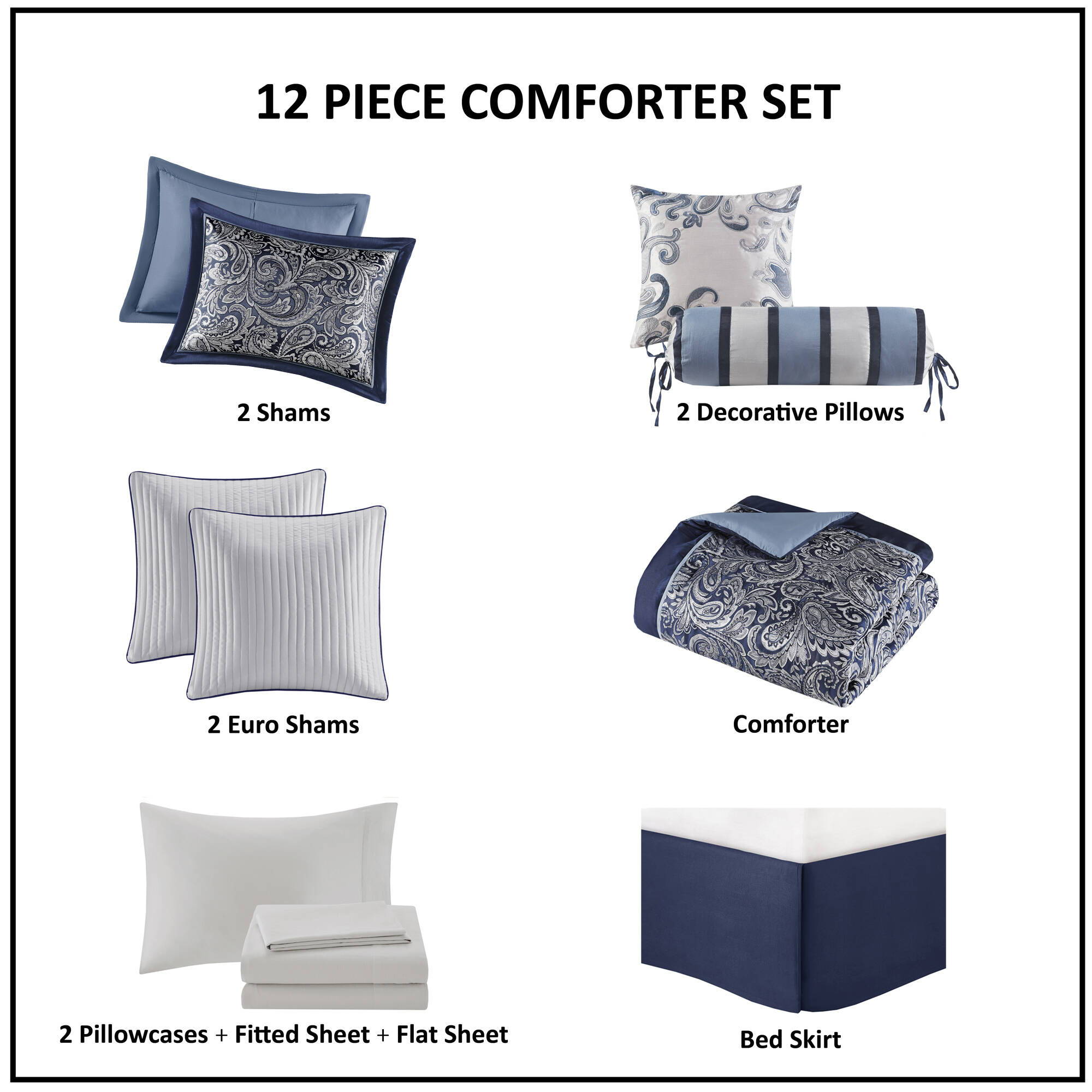 Aubrey - Queen 12 Piece Complete Bed Set - Navy