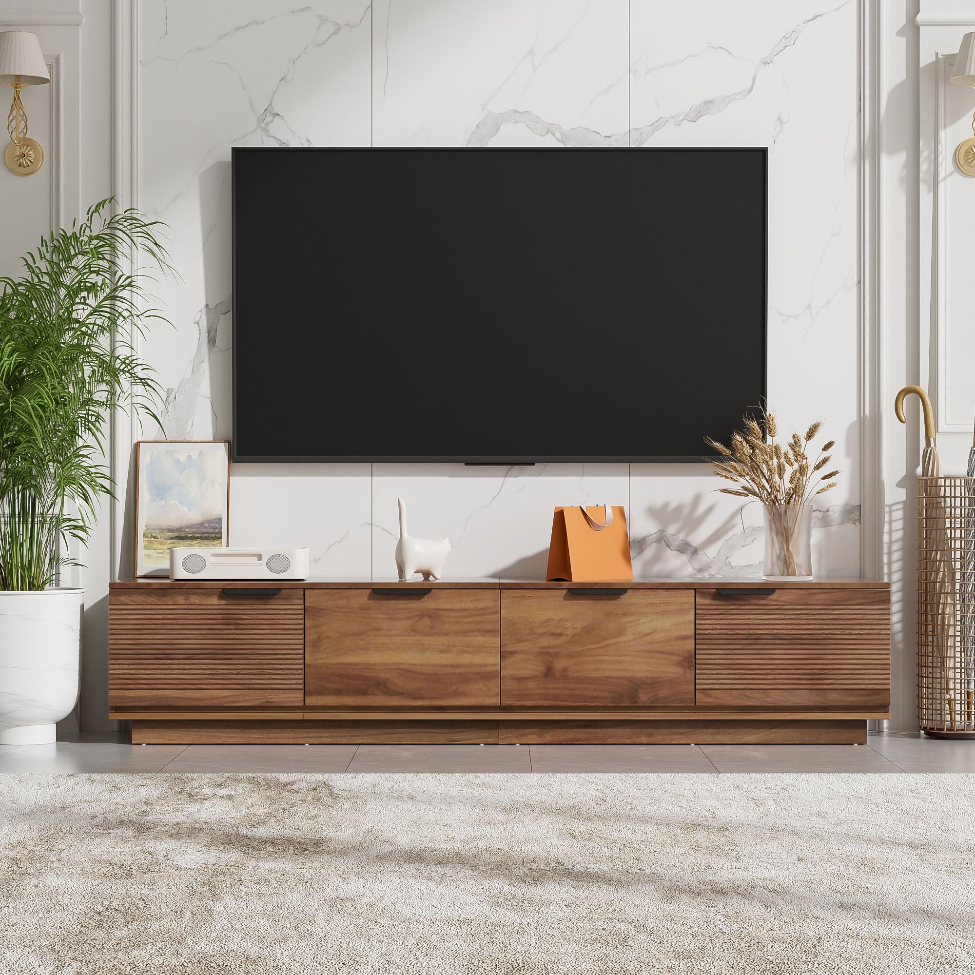 TV Stand, Entertainment Center & Fluted Door & Cable Management, Soft Closing Hinges - Walnut