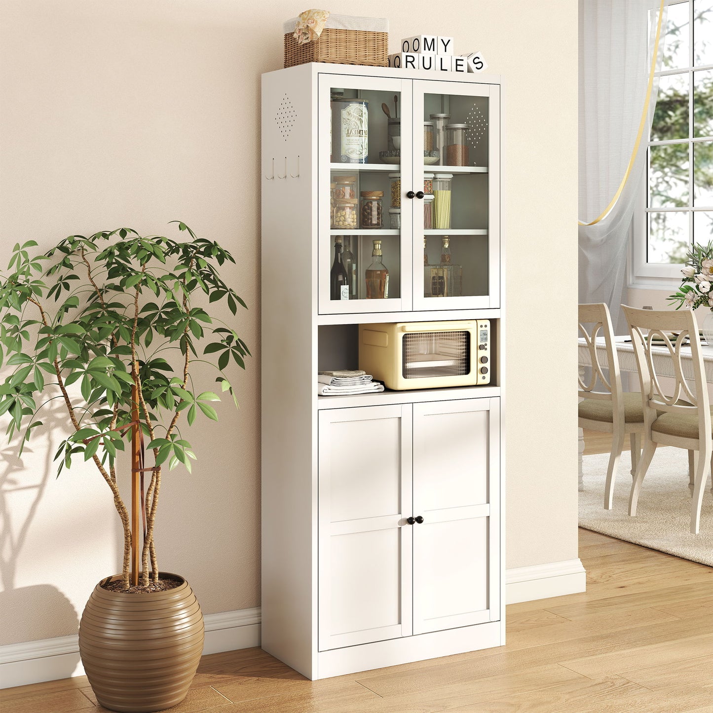 Kitchen Pantry Cabinet Tall Storage With Adjustable Shelves, Heavy Duty Stainless Steel Frame - White