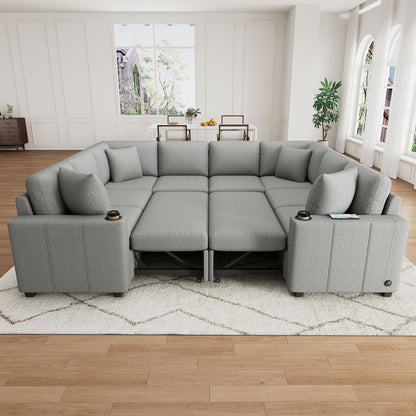 Modern U-Shaped Sectional Sofa Convertible Pull-Out Sofa Bed With USB Ports And Cup Holders