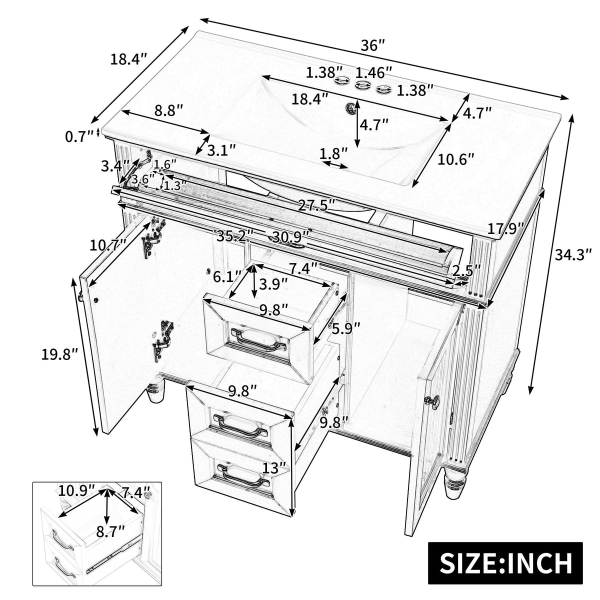 Modern Freestanding Bathroom Vanity With Sink, Cabinet, Soft-Close Drawers, Tip-Out Tray