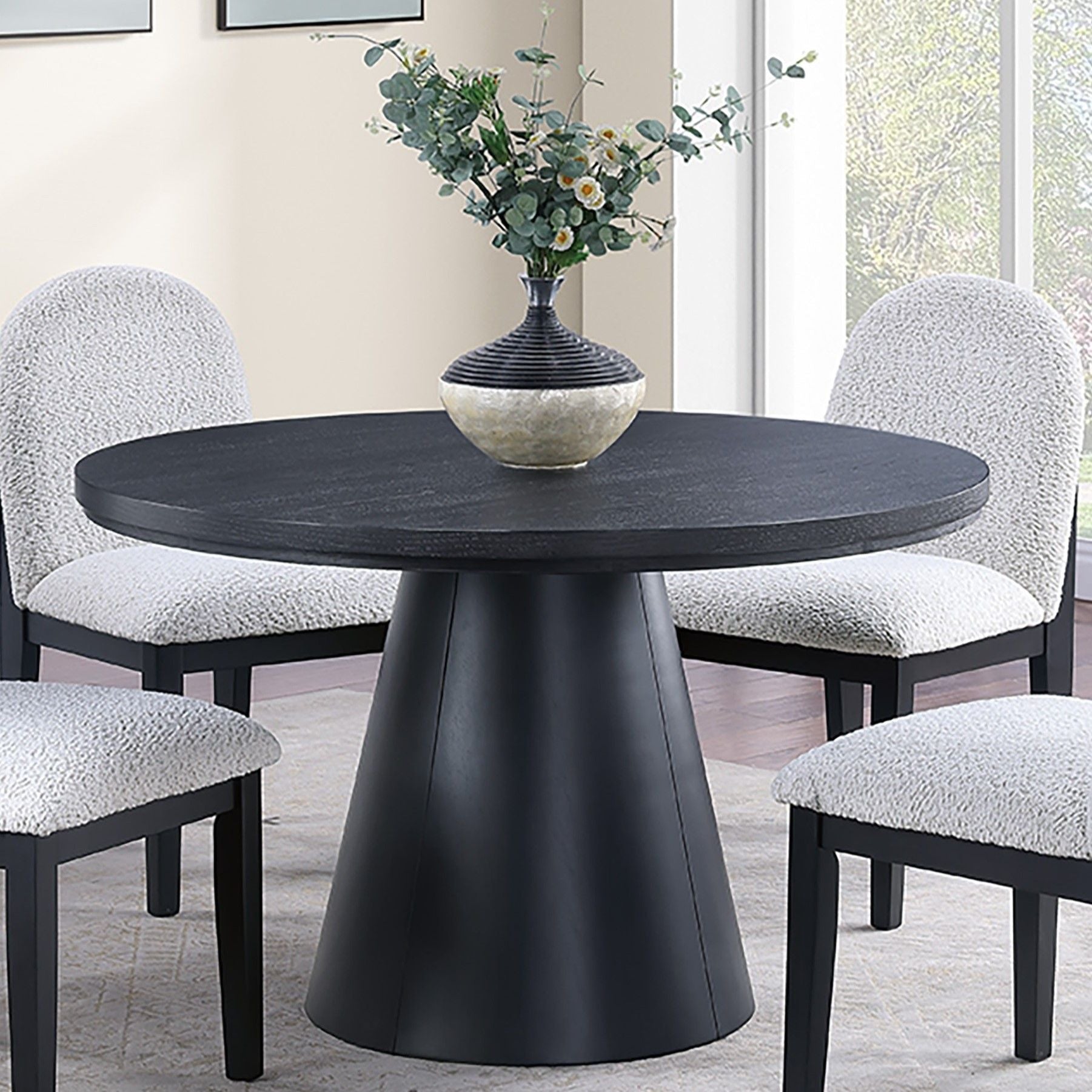 Round Dining Table With Cone Shaped Base - Black
