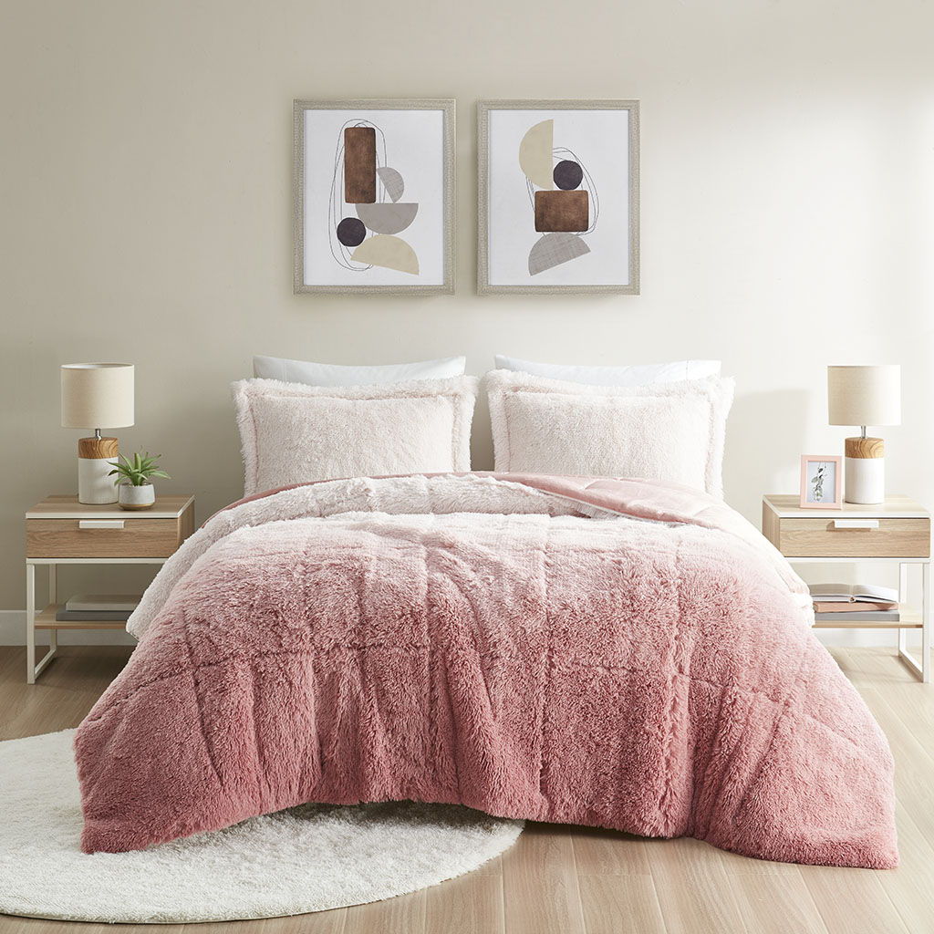 Brielle - Twin Ombre Shaggy Long Comforter Mini Set - Blush
