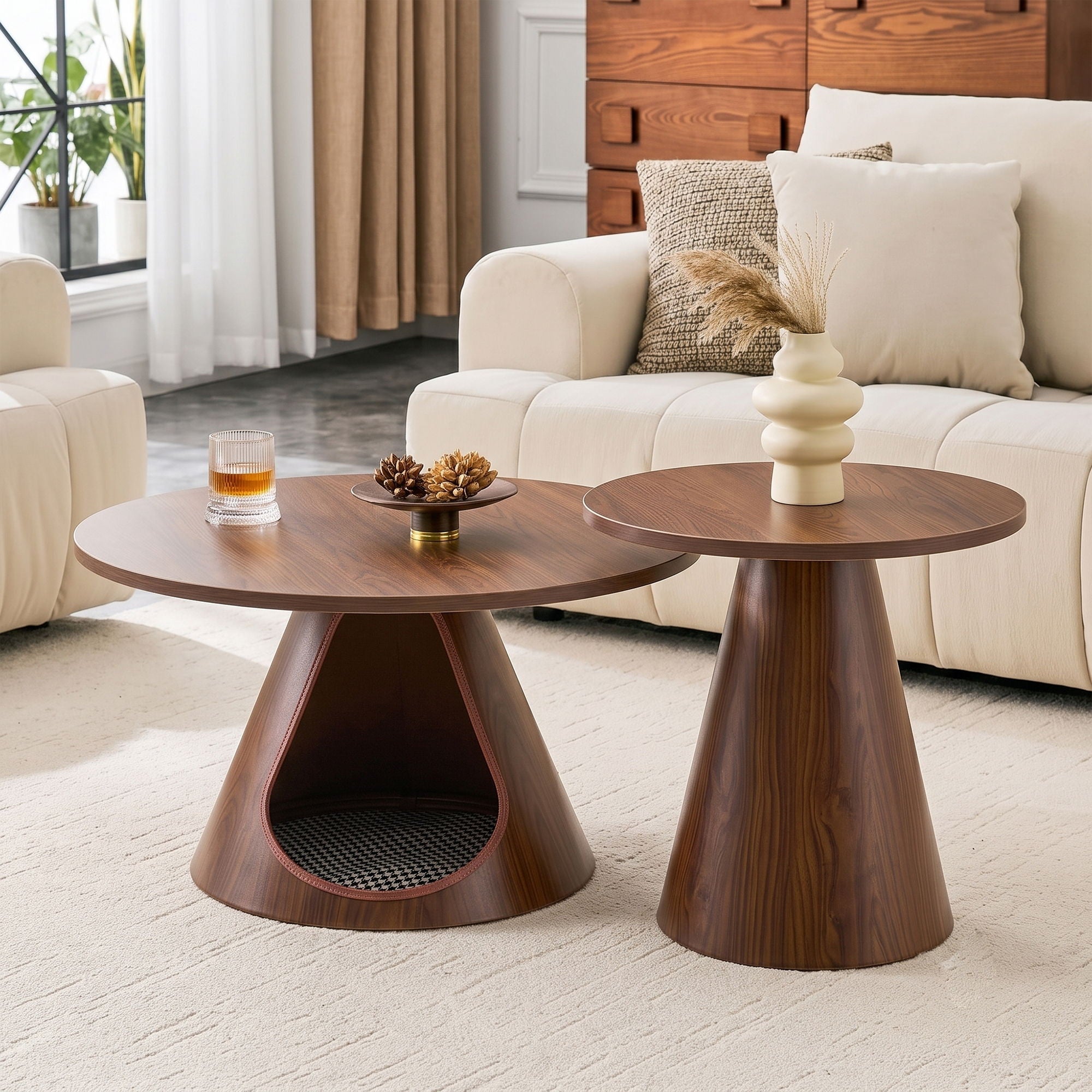 Nesting Coffee Table With Integrated Cat Cave Bed (Set of 2) - Walnut