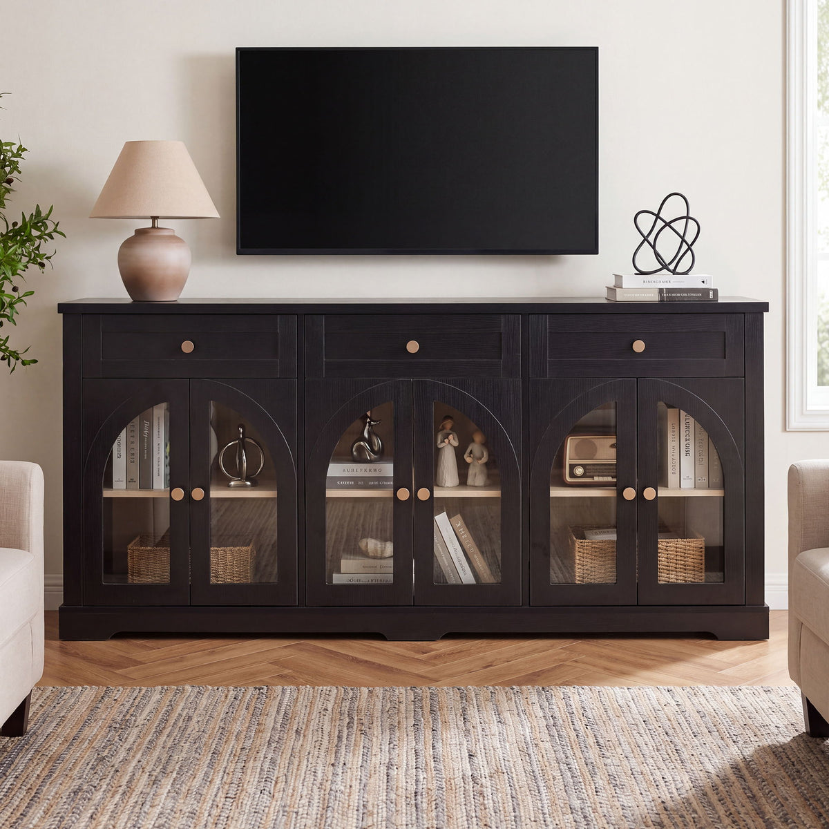 Sideboard Cabinet With 3 Drawers And 6 Arched Glass Doors