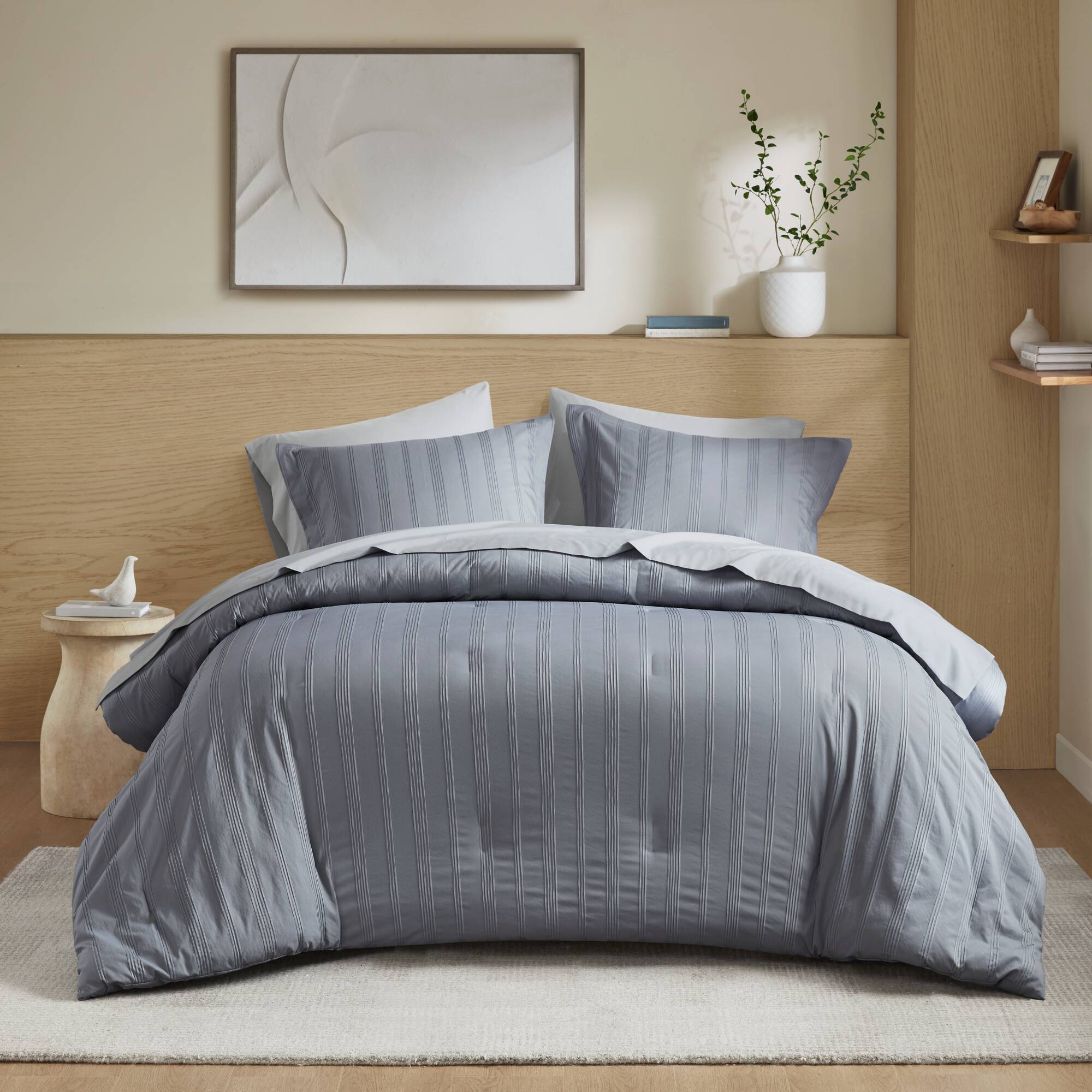 Logan - Full Striped Comforter Set - Blue / Gray
